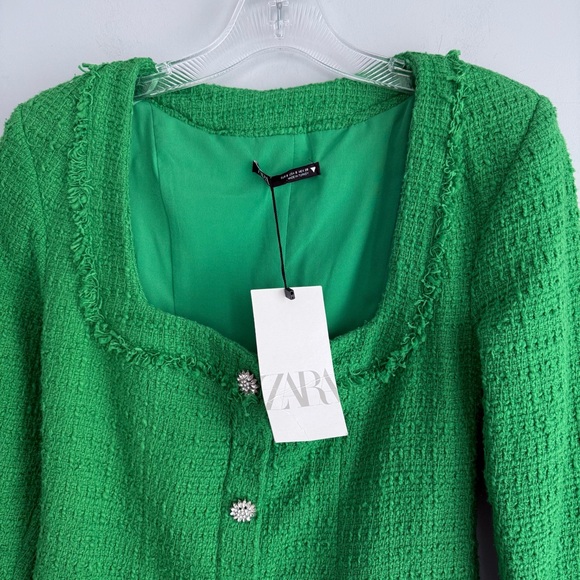 ZARA Kelly Green Textured Tweed Mini Dress Jewel Buttons NWT S Blogger Favorite - Picture 8 of 16